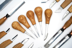Extended Wood Carving Set of Knives, Chisels, Gouges, and Sharpening Accessories in a Tool Holder (left-handed) – S70L