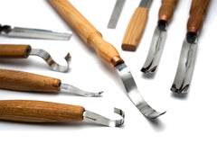 Extended Wood Carving Set of Knives, Chisels, Gouges, and Sharpening Accessories in a Tool Holder (left-handed) – S70L