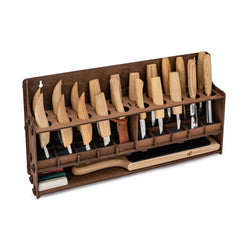 Extended Wood Carving Set of Knives, Chisels, Gouges, and Sharpening Accessories in a Tool Holder – S70