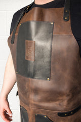 Adjustable Black & Brown Leather Wood Carving Apron – Durable Workshop & Craft Work Apron / AP3X