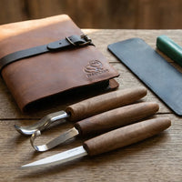 3-Piece Premium Spoon Carving Set – Walnut Handle Wood Carving Tools in Leather Case – S14X