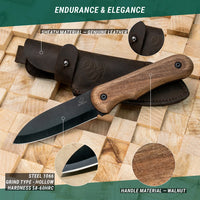 Compact Bushcraft Knife for Camping & Hiking – Black Oxide Coated Carbon Steel Knife with Walnut Handle & Leather Sheath – BSH5 Shadow