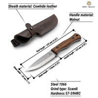 Bushcraft Knife for Camping & Outdoor – Carbon Steel Knife with Walnut Handle & Leather Sheath – BSH6 Breeze