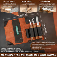 3-Piece Premium Spoon Carving Knife Set – Walnut Handle Wood Carving Knives in Leather Tool Case – S13X
