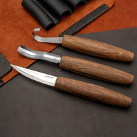 3-Piece Premium Spoon Carving Set – Walnut Handle Wood Carving Tools in Leather Case – S14X
