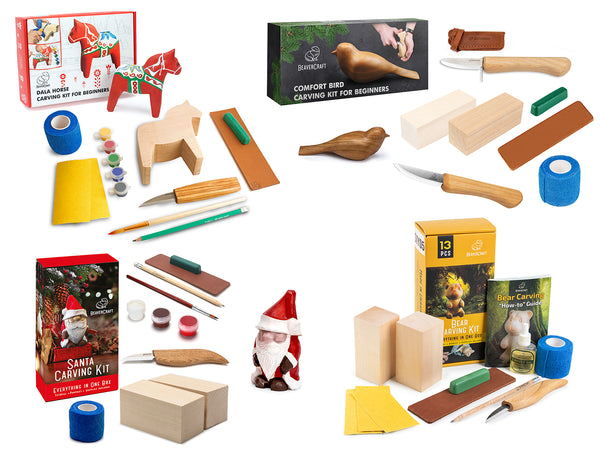 Ultimate DIY Kids Pack – Complete Wood Carving Kit Bundle with Santa, Comfort Bird, Bear & Dala Horse – BDIY01_02_05_06
