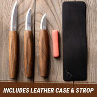 3-Piece Premium Whittling Knife Set – Walnut Handle Whittling Knives in Leather Tool Case – S19X+