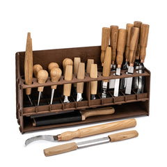 Extended Wood Carving Set of Knives, Chisels, Gouges, and Sharpening Accessories in a Tool Holder (left-handed) – S70L